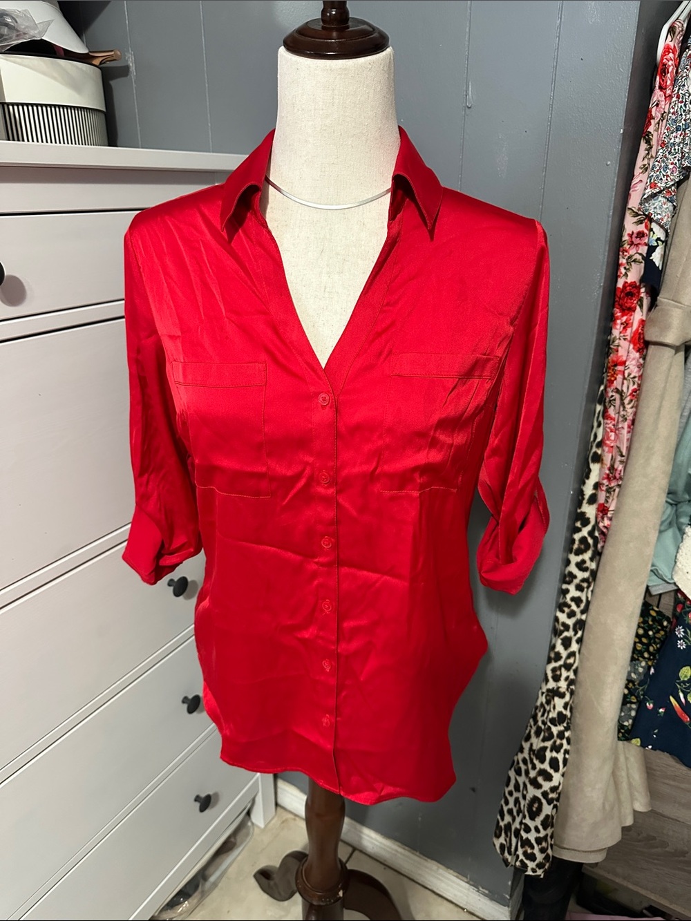 Express Red Satin Button-Down Shirt